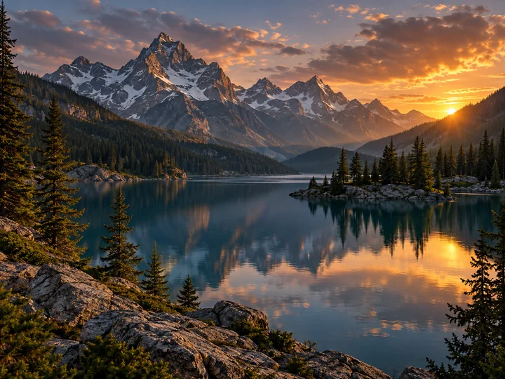 A still alpine lake reflecting rugged mountains and forest at sunset, crisp natural detail and a cinematic wide composition.