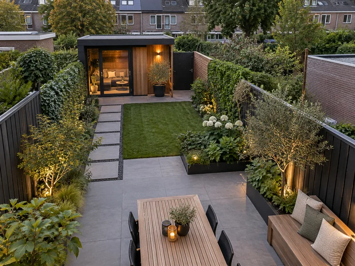 A compact urban backyard with a garden room, stone path, a small lawn, layered planting and a quiet seating area.