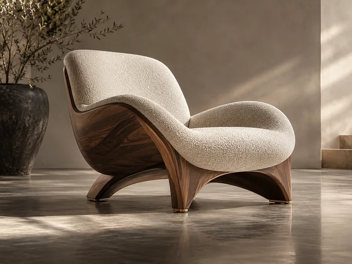 A sculptural walnut lounge chair with cream boucle upholstery, warm limestone interior, soft directional daylight and detailed material textures.