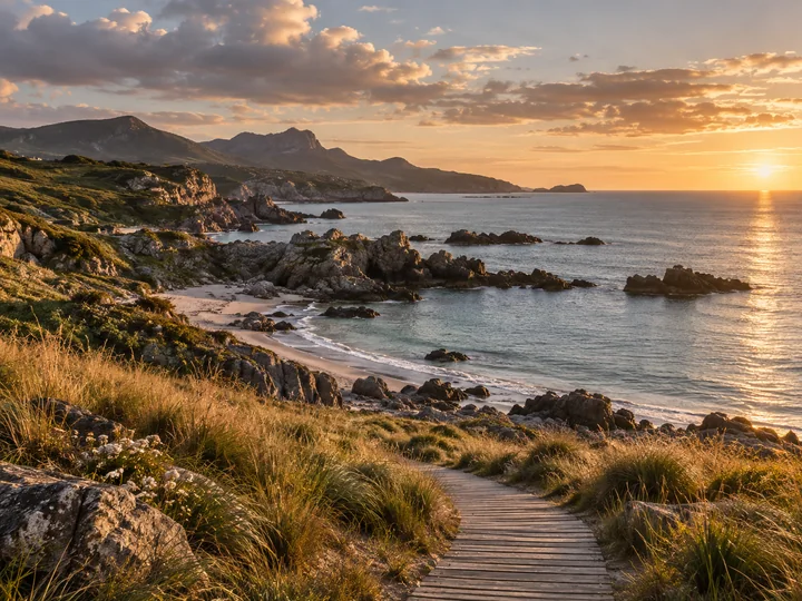 A winding boardwalk along a rocky coast at sunset, golden light on grass, distant mountains and a calm open sea.