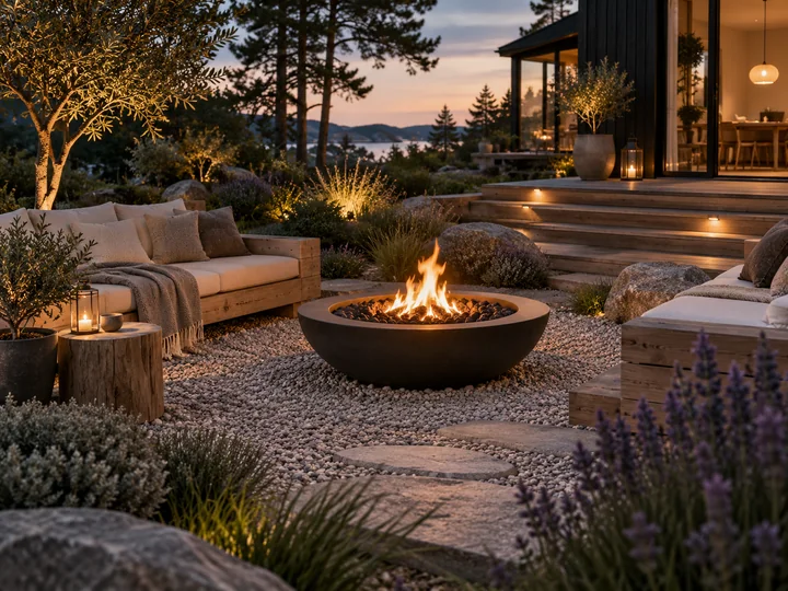 A lakeside terrace with a low fire bowl, relaxed seating, natural stone, evergreen planting and warm twilight.