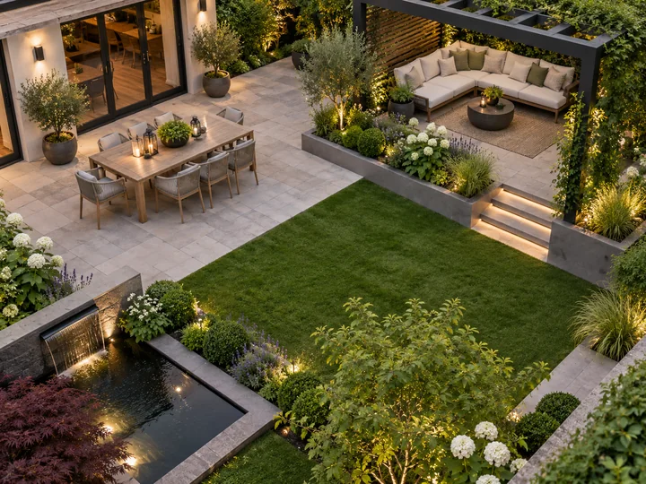 A contemporary outdoor living space with a dining terrace, comfortable seating, layered planting and warm evening lighting.