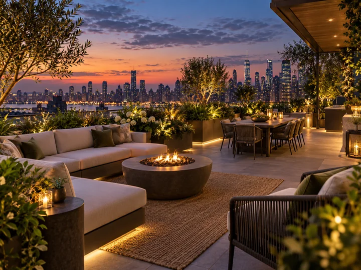 An inviting rooftop lounge above a city at dusk, comfortable seating, warm light, greenery and a distant skyline.