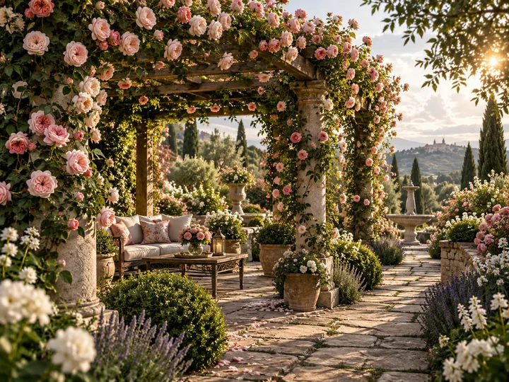 A romantic stone pergola covered in soft pink climbing roses, a comfortable bench, lavender and warm late-afternoon light.