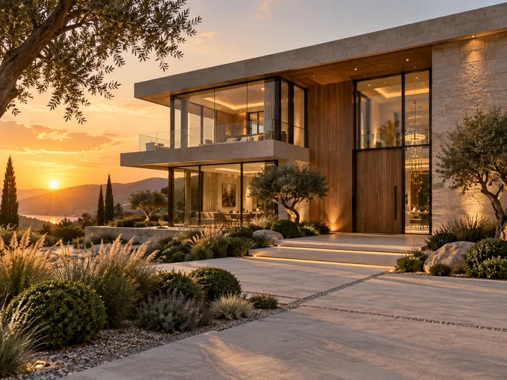 A modern two-storey home with stone, glass and warm wood, glowing interiors at sunset and an inviting entrance.