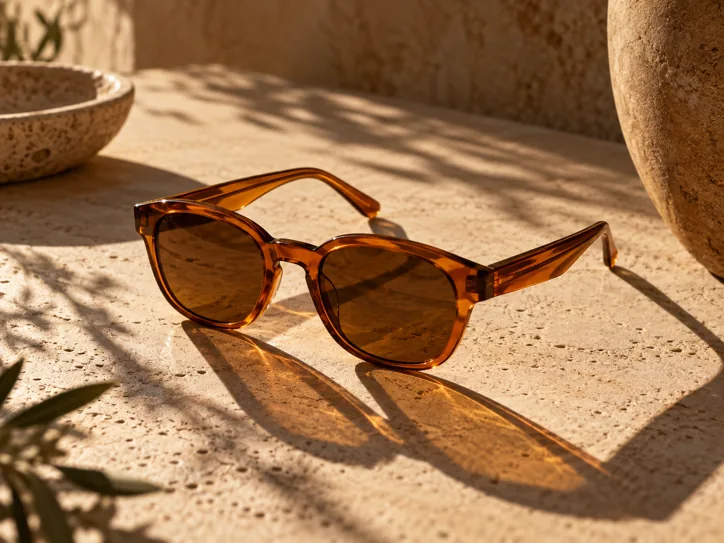 Amber acetate sunglasses casting long shadows