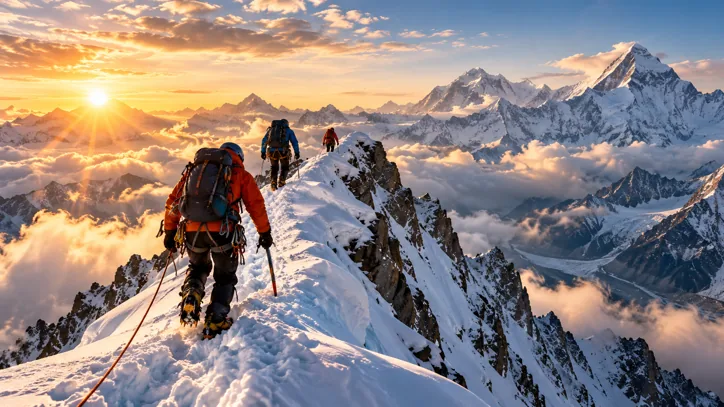 Climbers crossing a golden alpine ridge