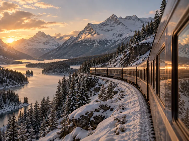 Panoramic train curving through snowy mountains