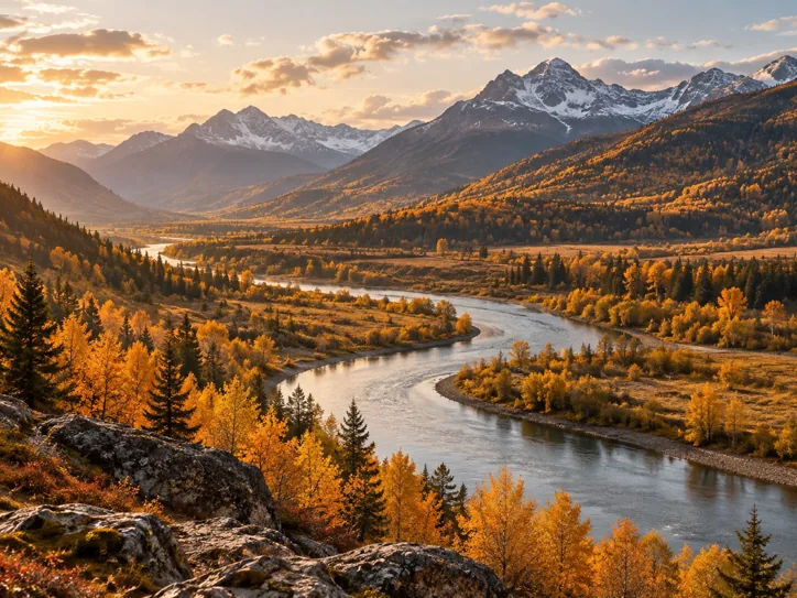 Golden autumn valley crossed by a winding river