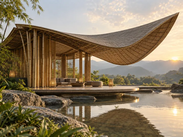 Bamboo pavilion with a folded floating roof