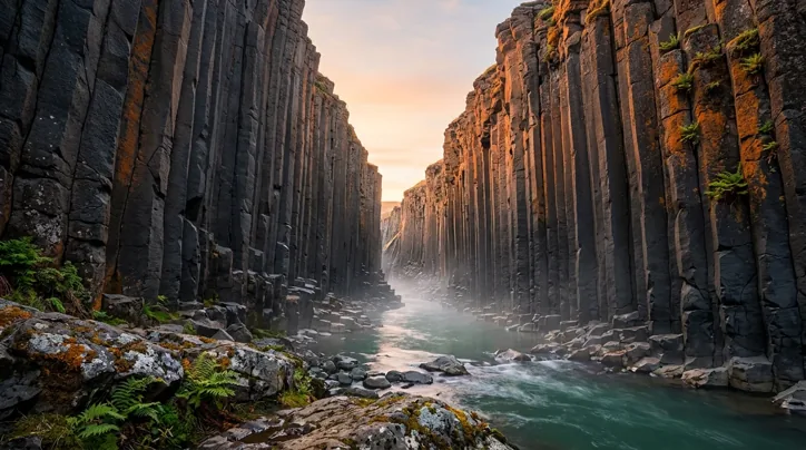 Narrow canyon walled by tall dark basalt columns with orange lichen and ferns, a turquoise river and mist below, and a pale peach sky above.