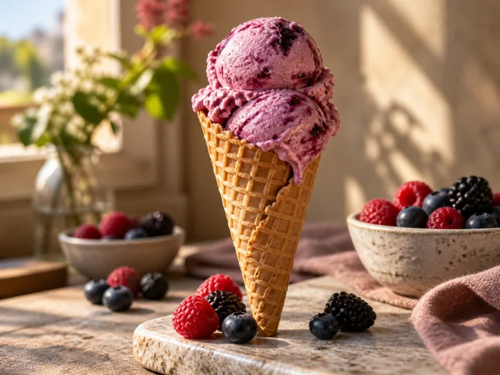 Berry gelato in a handmade waffle cone