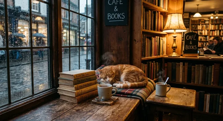 A ginger cat asleep on a tartan blanket on a window seat beside stacked books and a cup, with a rainy street behind the glass and bookshelves beyond.