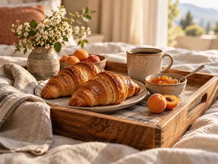 Breakfast tray with croissants and apricot jam