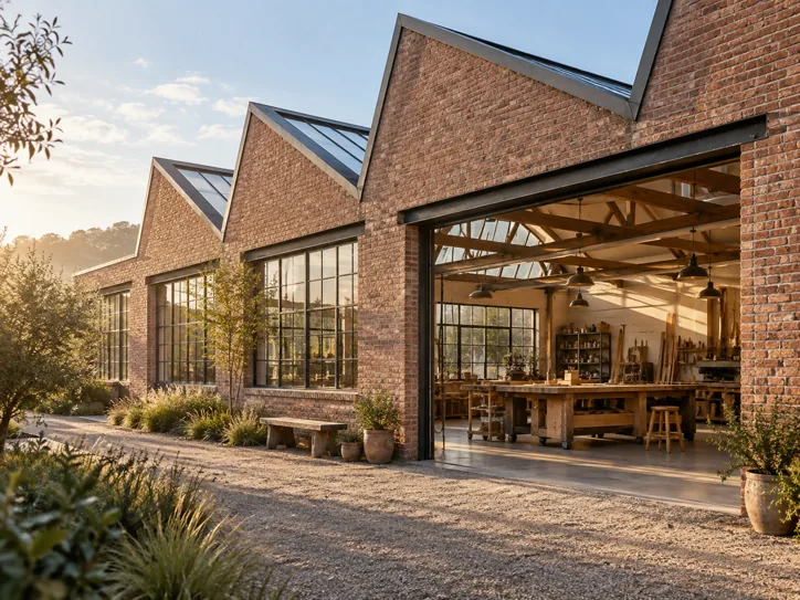 Sawtooth-roof brick workshop in morning light