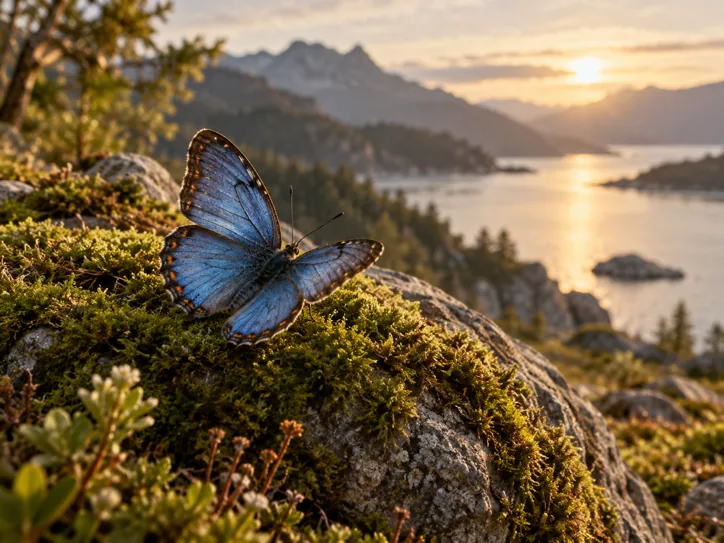 Blue butterfly resting on a mossy stone