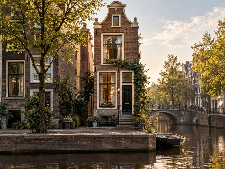 Narrow brick townhouse beside a quiet canal