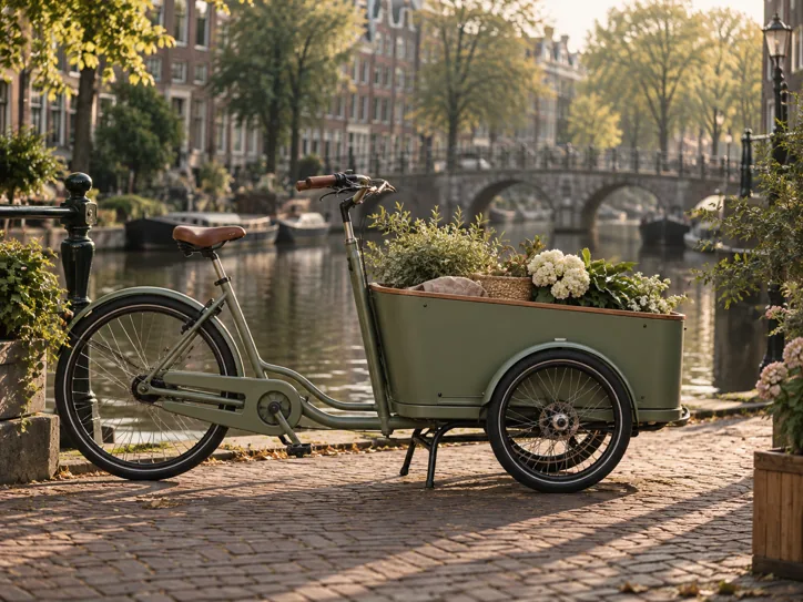Sage green cargo bicycle beside a canal