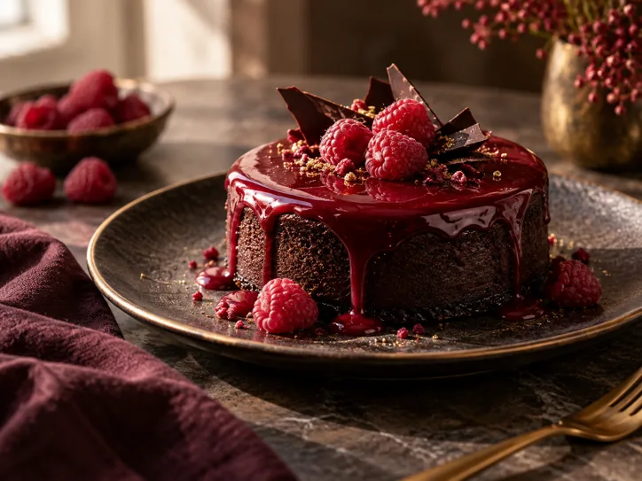 Dark chocolate dessert with raspberry glaze