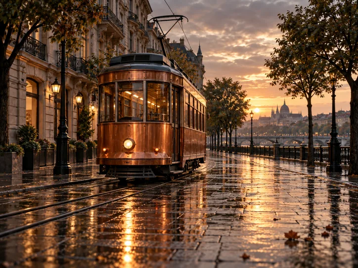 Copper-colored tram on a rain-washed boulevard