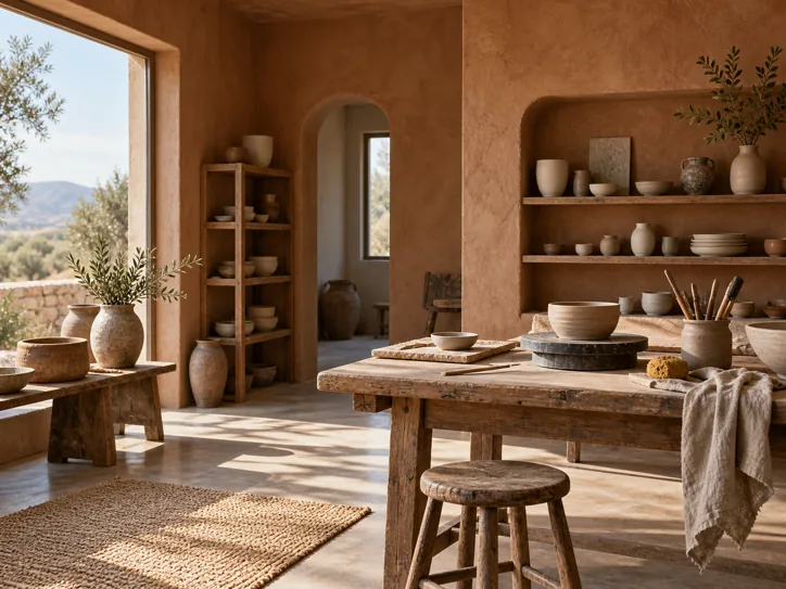Pottery studio with clay walls