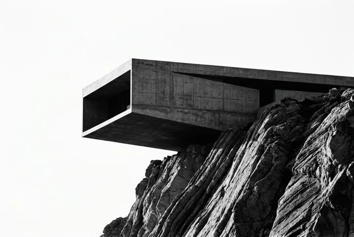 Cantilevered concrete house over a rocky cliff. Black-and-white architectural fine-art photography with sculptural negative space.