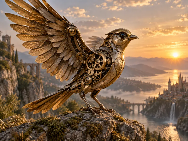 Clockwork bird with intricate brass feather wings