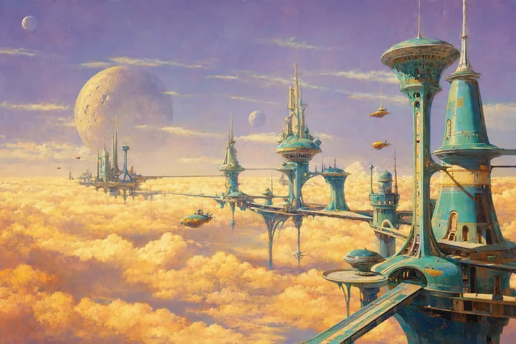 Floating city above a sea of golden clouds. Retrofuturist concept painting in gouache and airbrush textures, turquoise towers and peach clouds.