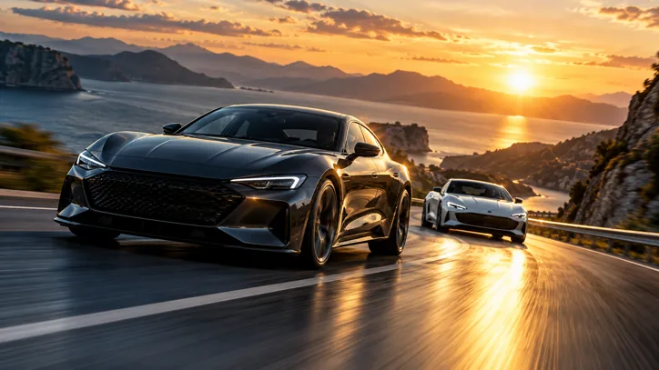 Sunset drive along a coastal highway