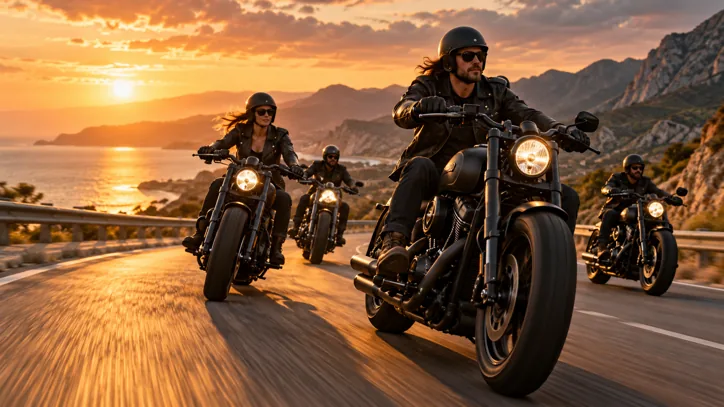 Motorcycle riders on a sunset coastal road