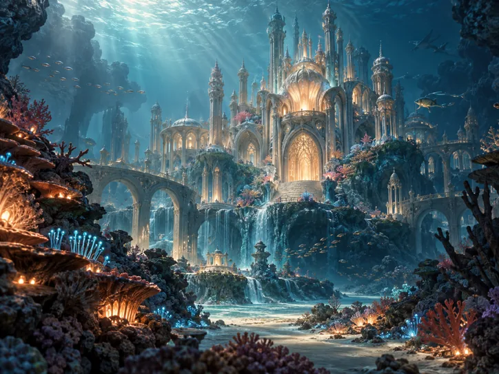Submerged coral palace lit by bioluminescence