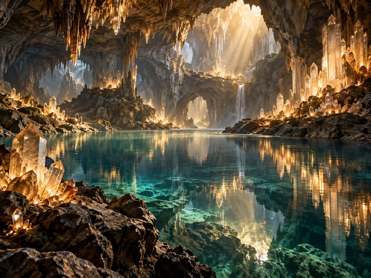 Luminous crystal cavern with an underground lake