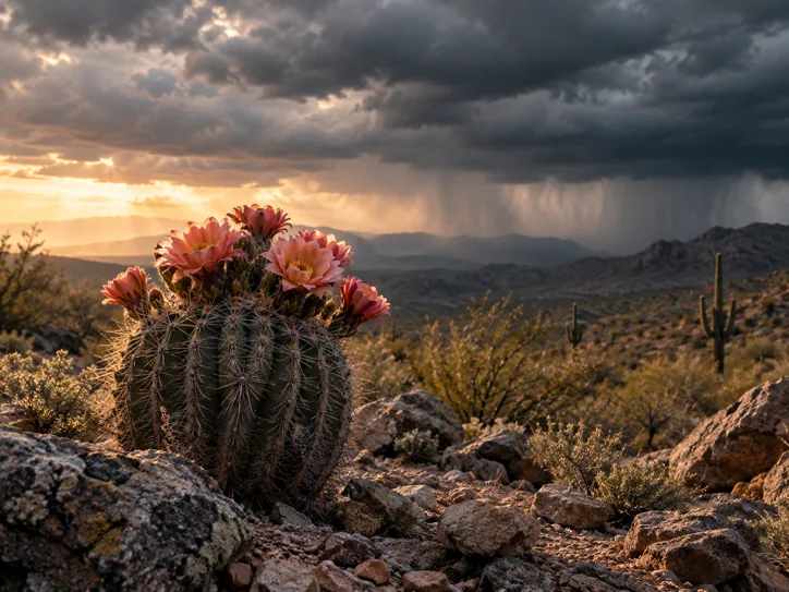 Flowering desert cactus beneath storm clouds