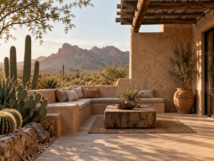 Desert patio with cacti and adobe benches