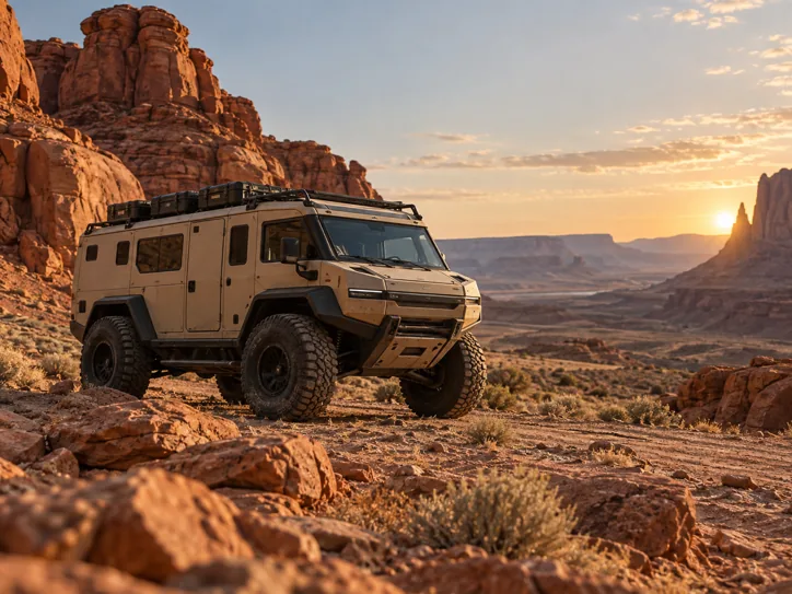 Sand-colored expedition rover beside red rocks