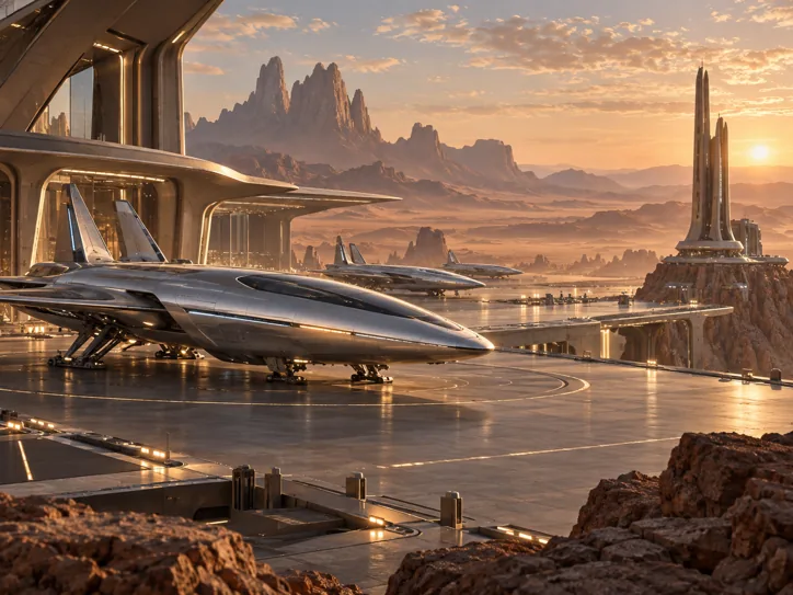 Desert spaceport with elegant silver starships