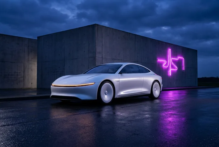 Pearl electric coupe outside a concrete pavilion. Futuristic automotive concept photography at blue hour, with wet asphalt and magenta reflections.