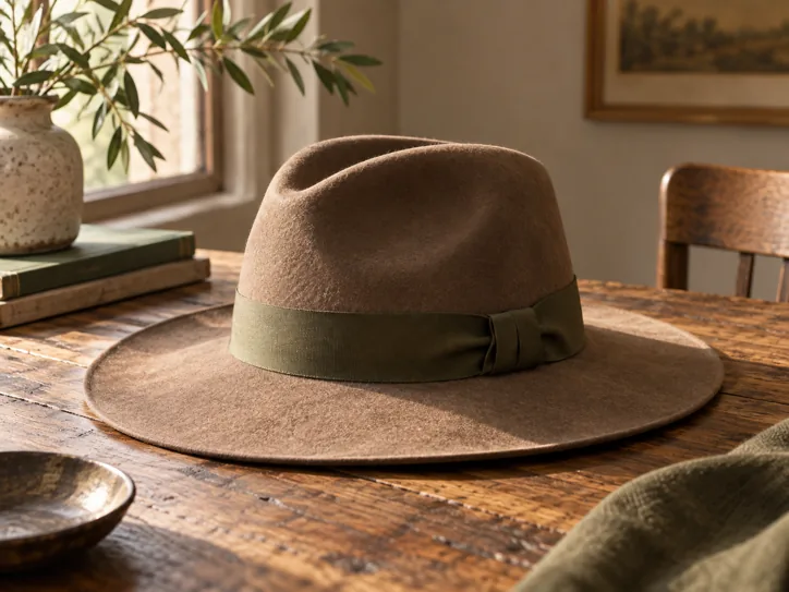 Wide-brim felt hat with an olive ribbon