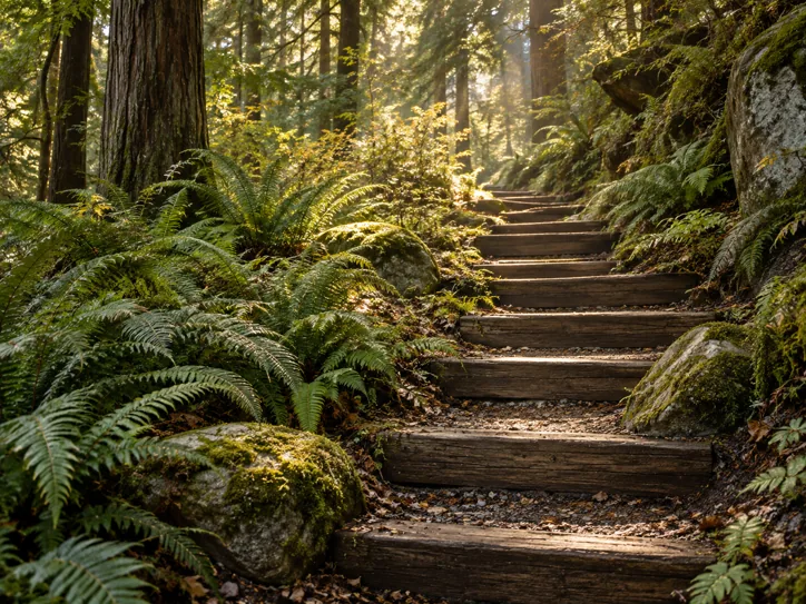 Woodland fern path with timber steps