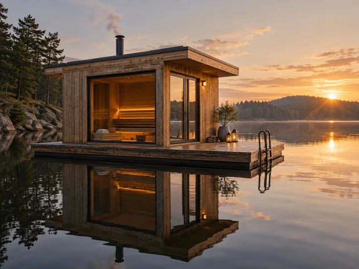 Floating timber sauna on a still lake
