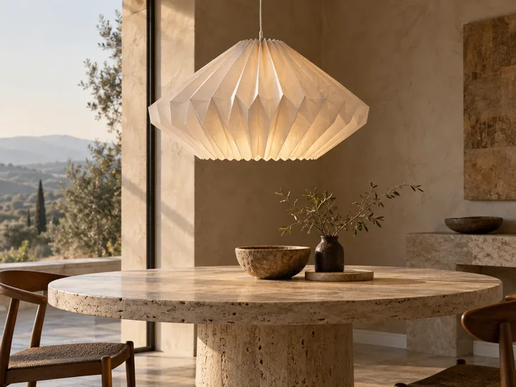 Folded paper pendant lamp above travertine