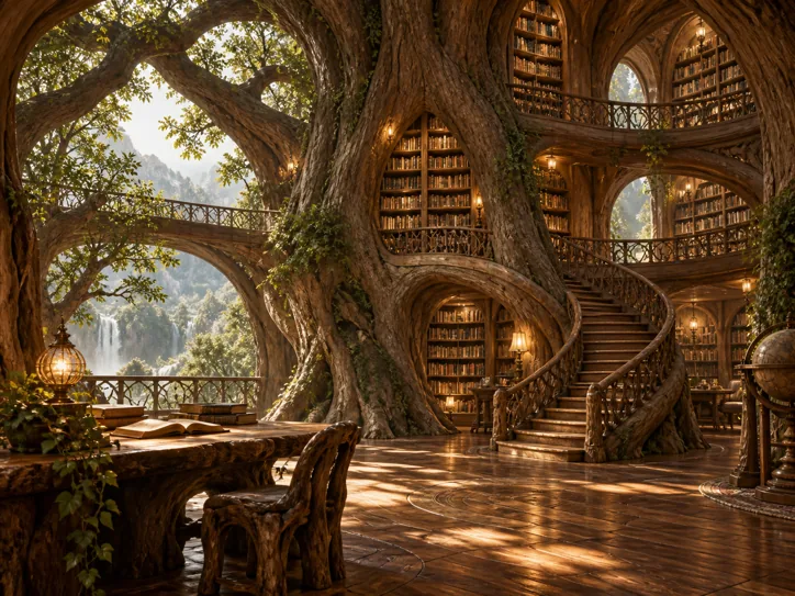 Ancient library inside a colossal living tree