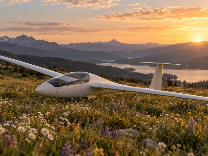 White glider resting in a wildflower meadow