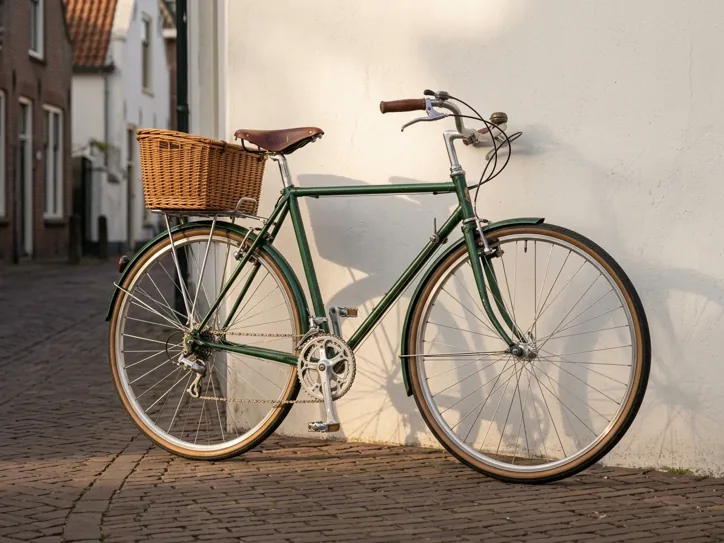A green vintage bicycle with a wicker basket and brown leather saddle leaning against a white wall on a brick-paved street in warm light.