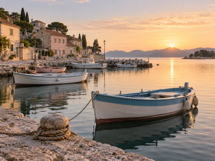 Quiet fishing harbor with pastel boats at dawn