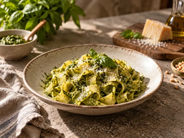 Handmade ribbon pasta with basil pesto