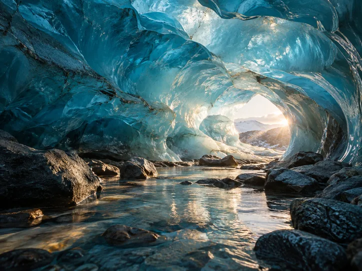 Blue glacier cave lit through translucent ice