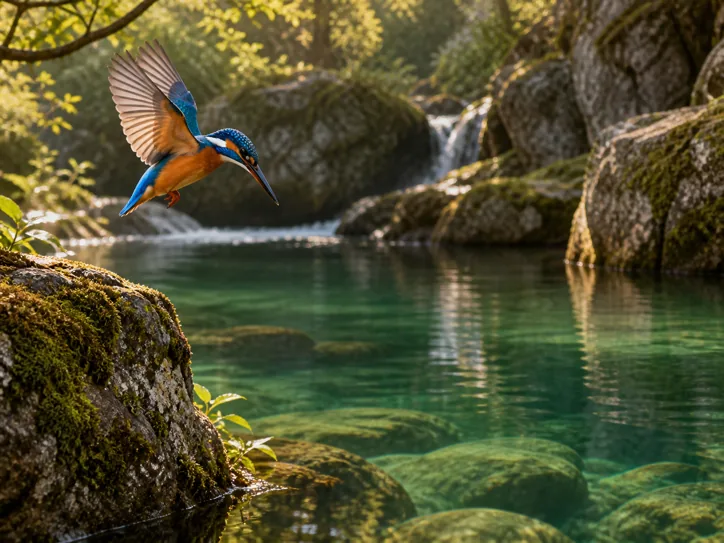 Kingfisher above a still emerald stream
