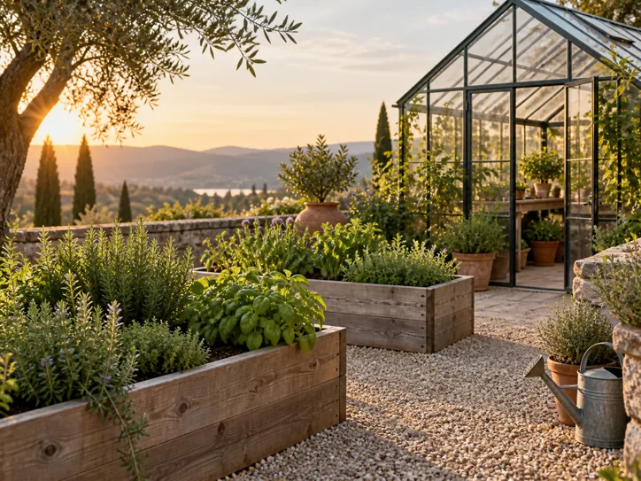 Raised herb beds beside a glass greenhouse