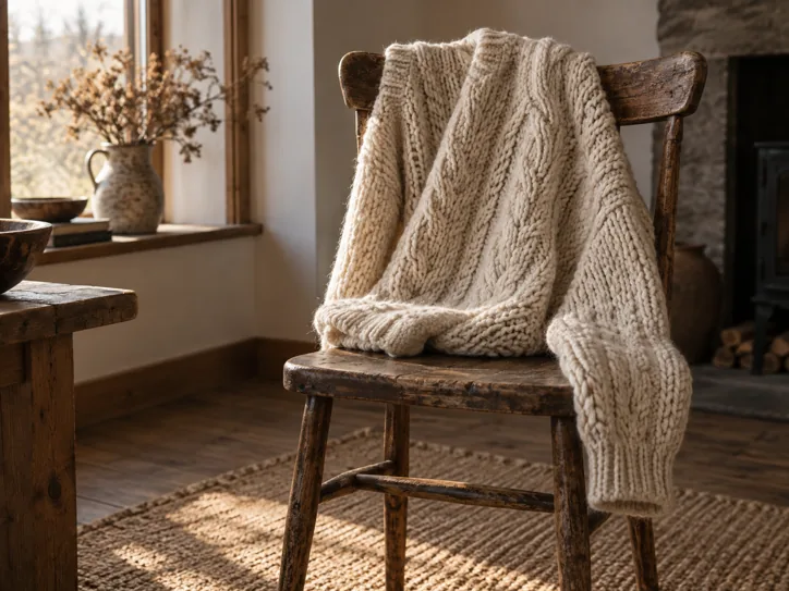 Chunky wool sweater on a weathered wooden chair